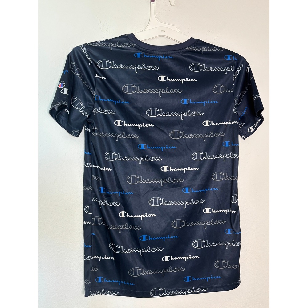 Champion Boys Navy Blue All Over Logo Print Performance T-Shirt Size 14/16 L - Picture 2 of 4